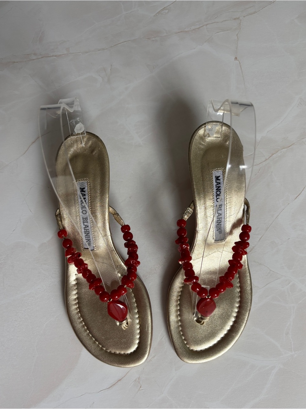 vintage Y2K Manolo Blahnik gold red beaded thong kitten heel - Picture 6 of 10